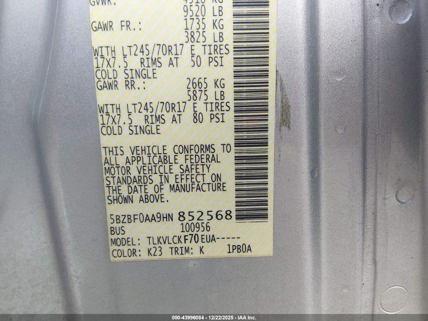 2017 Nissan Nv Passenger Nv3500 Hd S V6 VIN: 5BZBF0AA9HN852568 Lot: 43996084