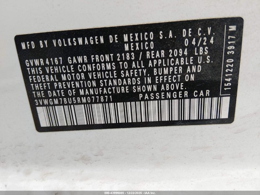2024 Volkswagen Jetta 1.5T Sel VIN: 3VWGM7BU5RM077871 Lot: 43996085