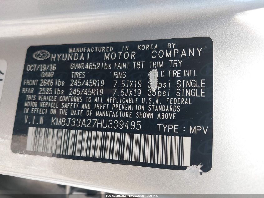 2017 Hyundai Tucson Limited VIN: KM8J33A27HU339495 Lot: 43996093