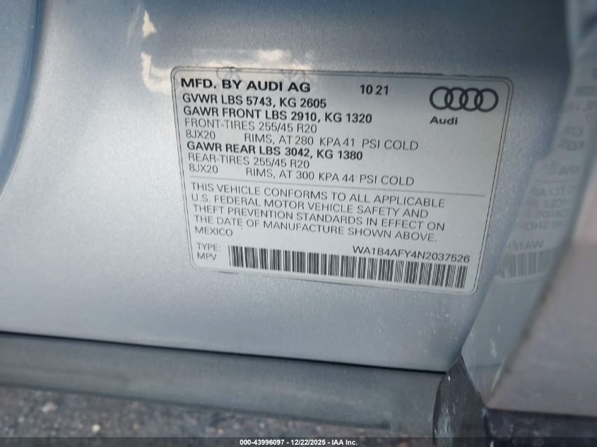 2022 Audi Sq5 Premium Plus Tfsi Quattro Tiptronic VIN: WA1B4AFY4N2037526 Lot: 43996097