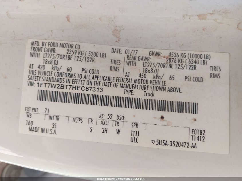 2017 Ford F-250 Xlt VIN: 1FT7W2BT7HEC67313 Lot: 43996099