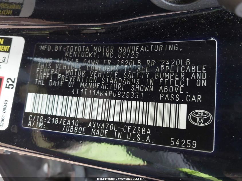 2023 Toyota Camry Se VIN: 4T1T11AK4PU829331 Lot: 43996100