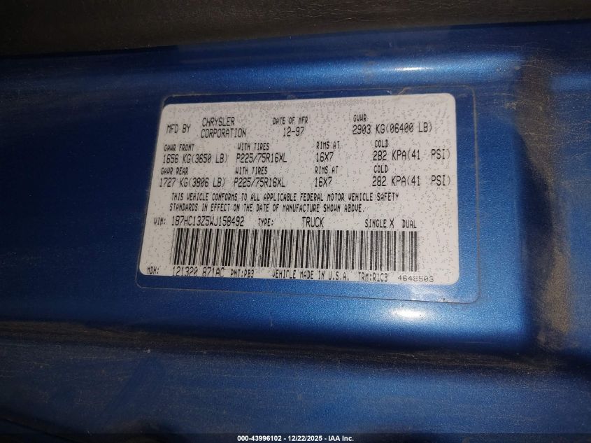 1998 Dodge Ram 1500 St VIN: 1B7HC13Z5WJ158492 Lot: 43996102