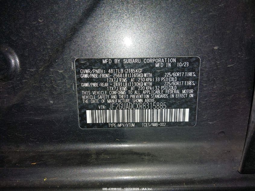 2024 Subaru Crosstrek Premium VIN: JF2GUADCXR8315885 Lot: 43996103