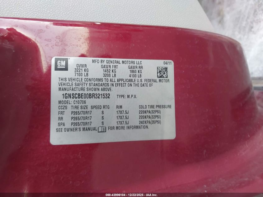 2011 Chevrolet Tahoe Lt VIN: 1GNSCBE00BR321532 Lot: 43996104