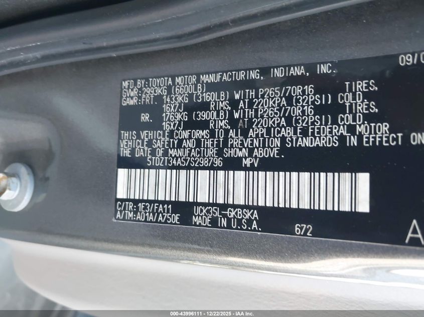 2007 Toyota Sequoia Sr5 V8 VIN: 5TDZT34A57S298796 Lot: 43996111