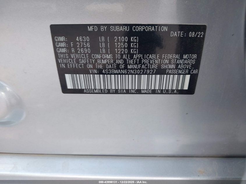 2022 Subaru Legacy Limited VIN: 4S3BWAN62N3027927 Lot: 43996131