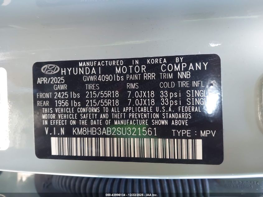 2025 Hyundai Kona Sel VIN: KM8HB3AB2SU321561 Lot: 43996134