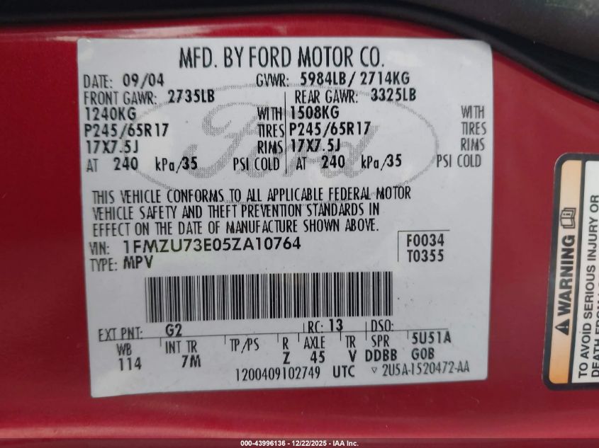 2005 Ford Explorer Xlt/Xlt Sport VIN: 1FMZU73E05ZA10764 Lot: 43996136