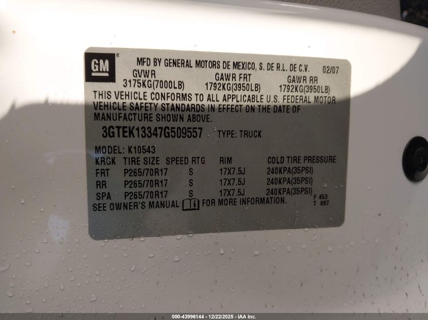2007 GMC Sierra 1500 Slt VIN: 3GTEK13347G509557 Lot: 43996144