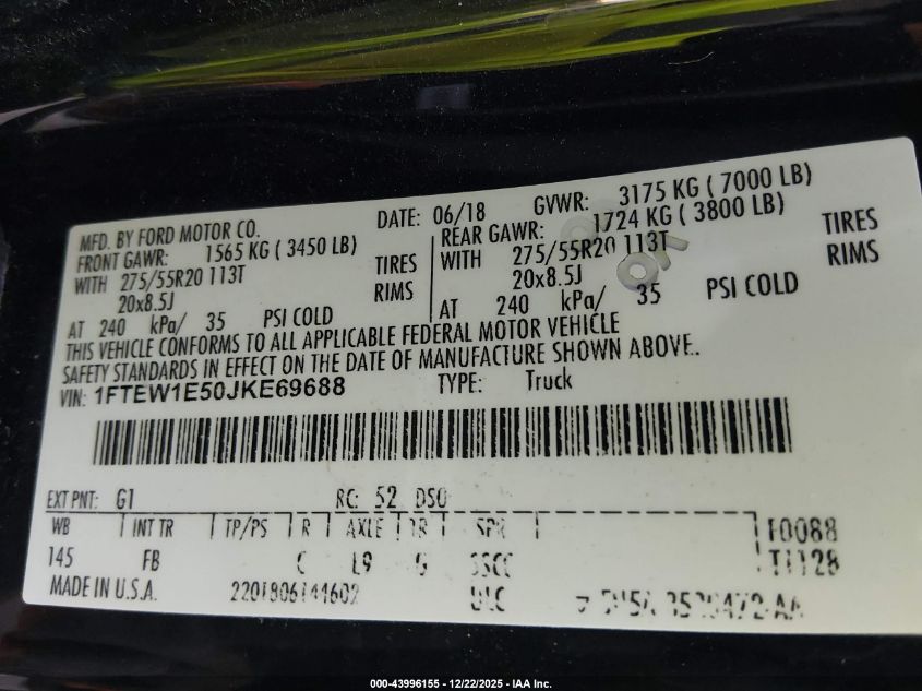2018 Ford F-150 Xlt VIN: 1FTEW1E50JKE69688 Lot: 43996155