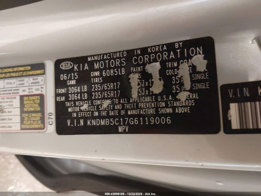 2016 Kia Sedona Lx VIN: KNDMB5C17G6119006 Lot: 43996156