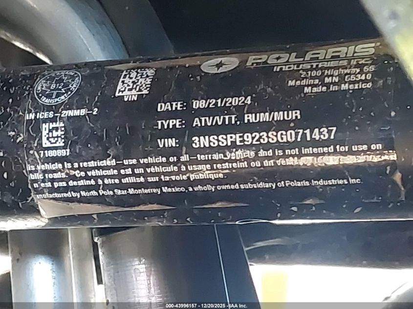 2025 Polaris Rzr Pro S Sport VIN: 3NSSPE923SG071437 Lot: 43996157