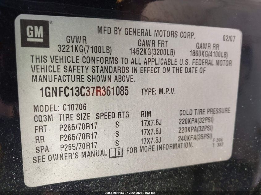 2007 Chevrolet Tahoe Ls VIN: 1GNFC13C37R361085 Lot: 43996167
