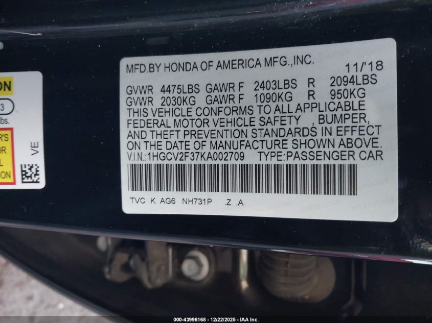 2019 Honda Accord Sport 2.0T VIN: 1HGCV2F37KA002709 Lot: 43996168