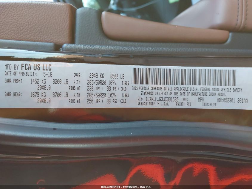 2018 Jeep Grand Cherokee Summit 4X4 VIN: 1C4RJFJG3JC391535 Lot: 43996191