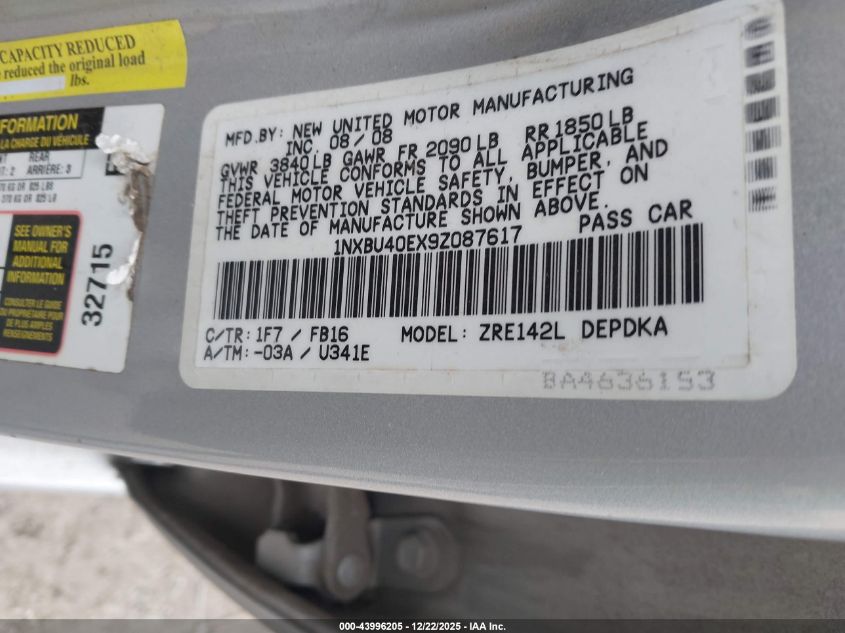 2009 Toyota Corolla VIN: 1NXBU40EX9Z087617 Lot: 43996205