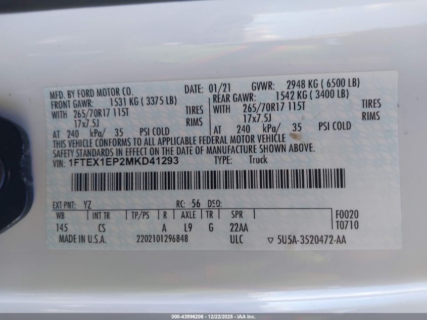 2021 Ford F-150 Xl VIN: 1FTEX1EP2MKD41293 Lot: 43996206