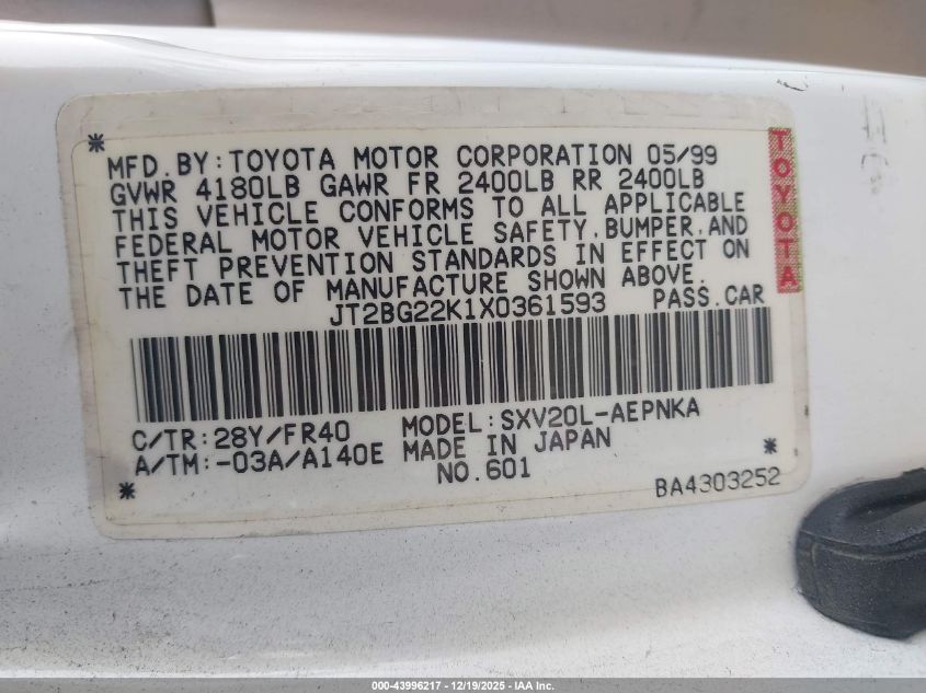 1999 Toyota Camry Le VIN: JT2BG22K1X0361593 Lot: 43996217
