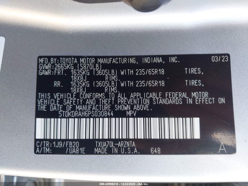 2023 Toyota Highlander Le VIN: 5TDKDRAH6PS030844 Lot: 43996218