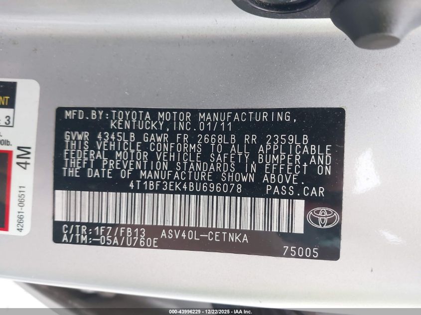 2011 Toyota Camry VIN: 4T1BF3EK4BU696078 Lot: 43996229