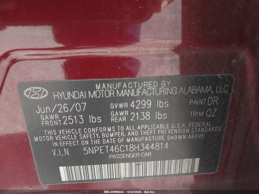 2008 Hyundai Sonata Gls VIN: 5NPET46C18H344814 Lot: 43996244