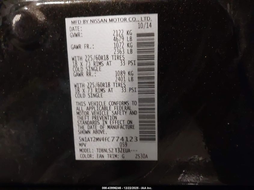 2015 Nissan Rogue Sl VIN: 5N1AT2MV4FC774123 Lot: 43996246