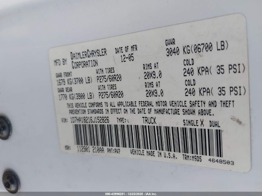 2006 Dodge Ram 1500 Slt VIN: 1D7HA18216J152826 Lot: 43996251