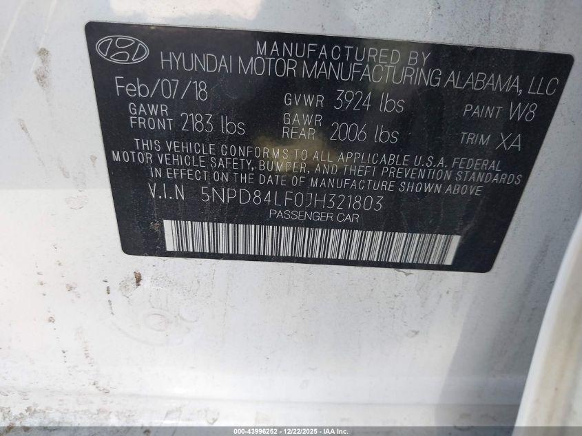 2018 Hyundai Elantra Value Edition VIN: 5NPD84LF0JH321803 Lot: 43996252