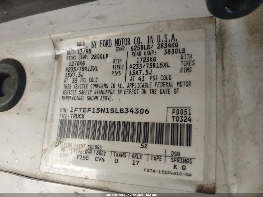 1995 Ford F150 VIN: 1FTEF15N1SLB34306 Lot: 43996253