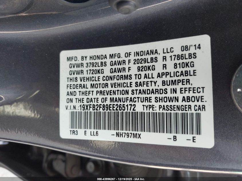 2014 Honda Civic Ex VIN: 19XFB2F89EE265172 Lot: 43996267