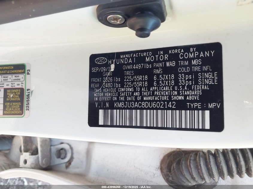 2013 Hyundai Tucson Limited VIN: KM8JU3AC8DU602142 Lot: 43996268