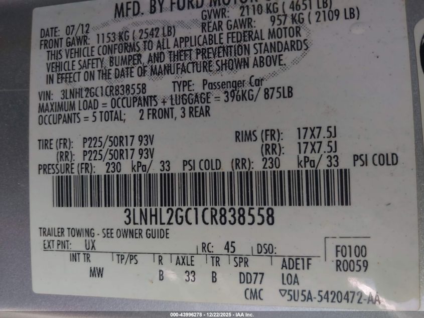 2012 Lincoln Mkz VIN: 3LNHL2GC1CR838558 Lot: 43996278