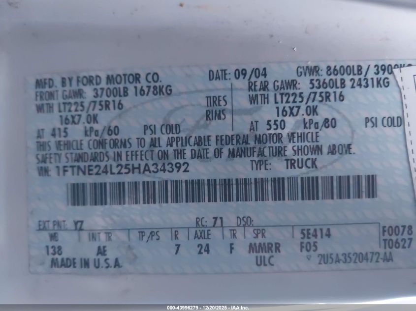 2005 Ford E-250 Commercial/Recreational VIN: 1FTNE24L25HA34392 Lot: 43996279