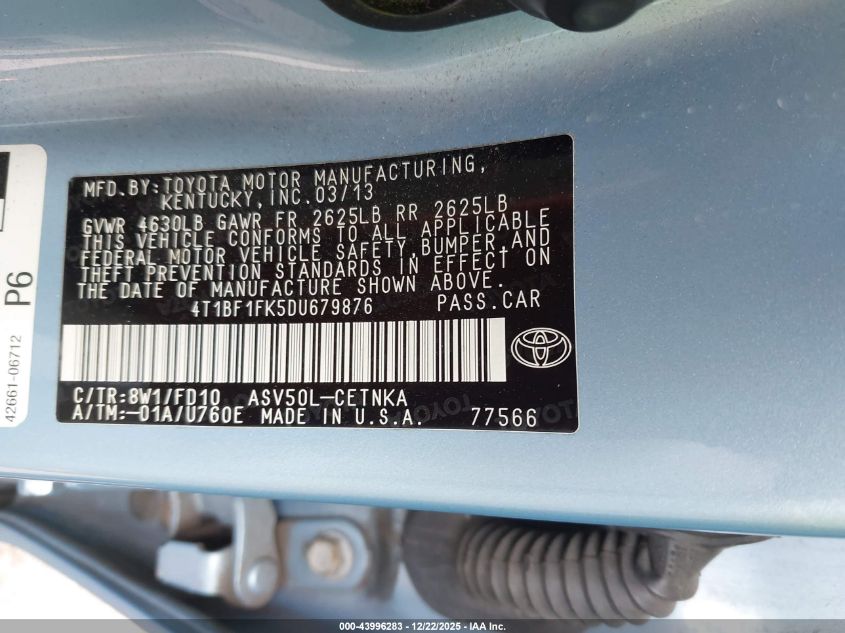 2013 Toyota Camry Le VIN: 4T1BF1FK5DU679876 Lot: 43996283