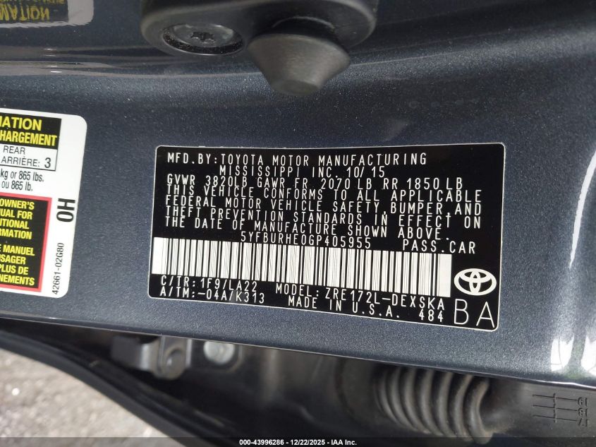 2016 Toyota Corolla S Premium VIN: 5YFBURHE0GP405955 Lot: 43996286