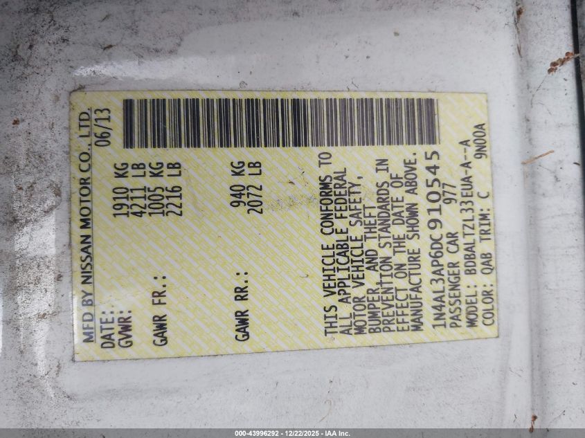 2013 Nissan Altima 2.5 Sv VIN: 1N4AL3AP6DC910545 Lot: 43996292