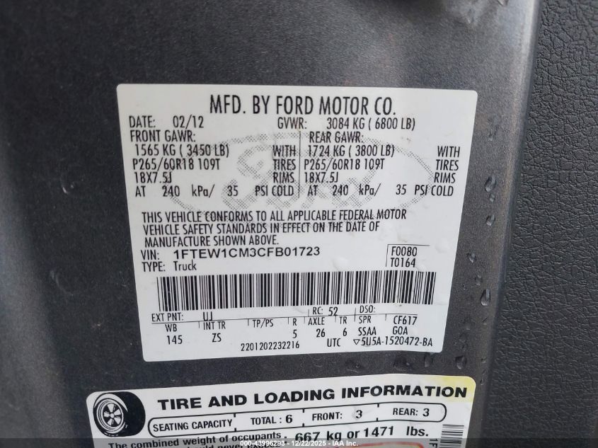 2012 Ford F-150 Xlt VIN: 1FTEW1CM3CFB01723 Lot: 43996293