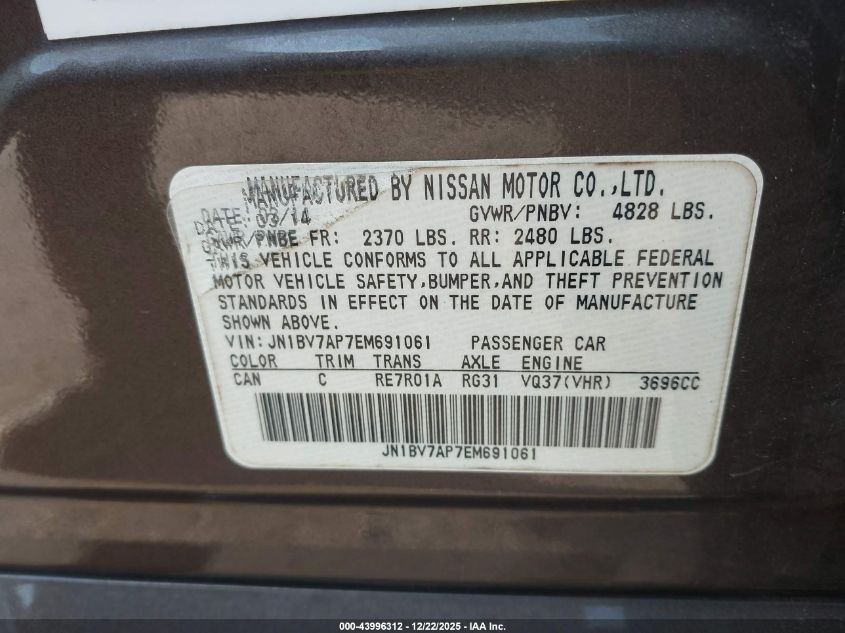 2014 Infiniti Q50 Premium VIN: JN1BV7AP7EM691061 Lot: 43996312