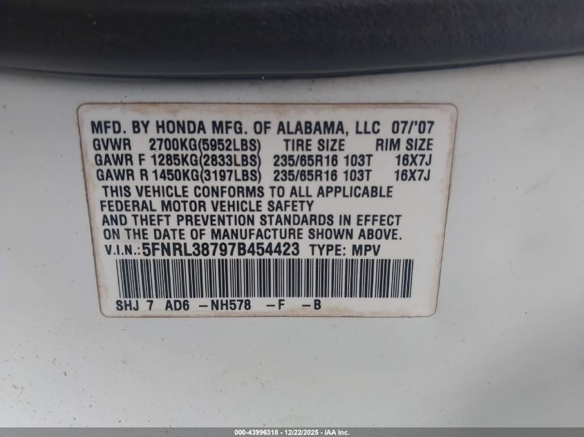 2007 Honda Odyssey Ex-L VIN: 5FNRL38797B454423 Lot: 43996318