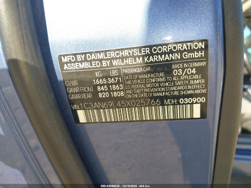 2005 Chrysler Crossfire Limited VIN: 1C3AN69L45X025766 Lot: 43996326