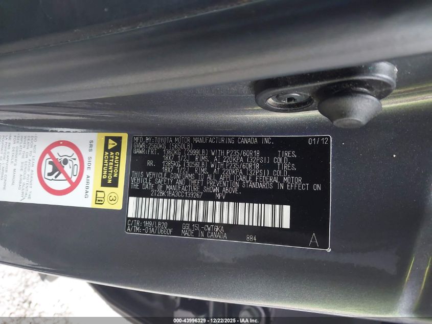 2012 Lexus Rx 350 VIN: 2T2BK1BA3CC139267 Lot: 43996329