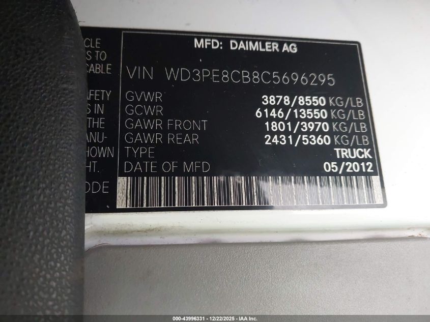 2012 Mercedes Sprinter VIN: WD3PE8CB8V5696295 Lot: 43996331