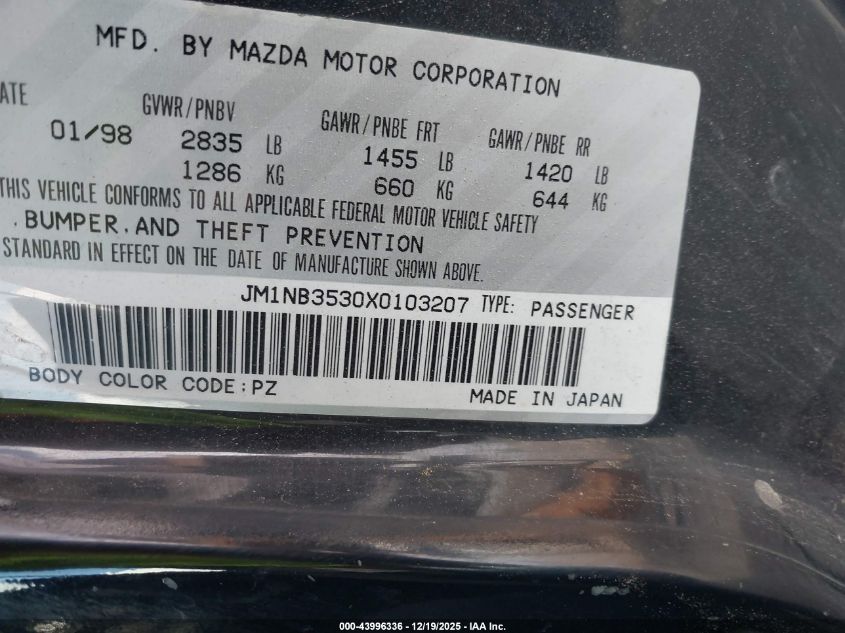 1999 Mazda Mx-5 Miata Leather Pkg/Popular Equipment Pkg/Sports Pkg/Touring Pkg VIN: JM1NB3530X0103207 Lot: 43996336