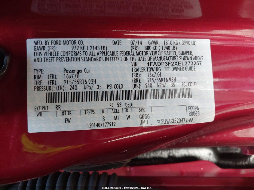 2014 Ford Focus Se VIN: 1FADP3F2XEL373257 Lot: 43996339