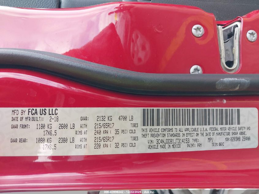 2018 Jeep Compass Trailhawk 4X4 VIN: 3C4NJDDB1JT314153 Lot: 43996342