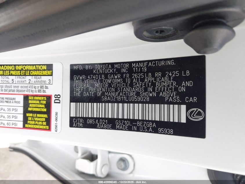 2020 Lexus Es 350 VIN: 58ADZ1B11LU059028 Lot: 43996345