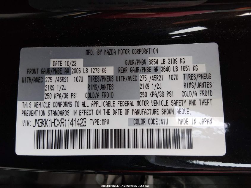 2024 Mazda Cx-90 3.3 Turbo S VIN: JM3KK1HCXR1141423 Lot: 43996347