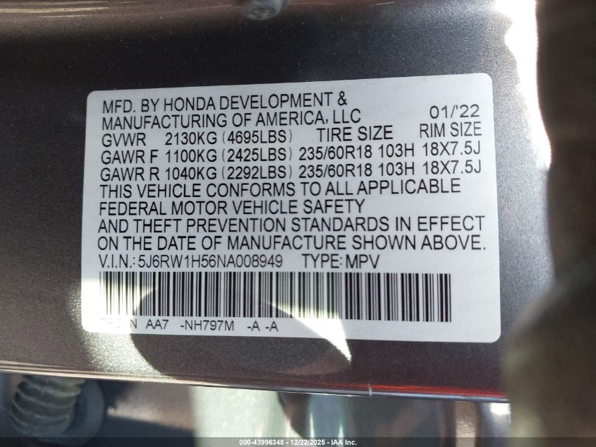 2022 Honda Cr-V 2Wd Ex VIN: 5J6RW1H56NA008949 Lot: 43996348