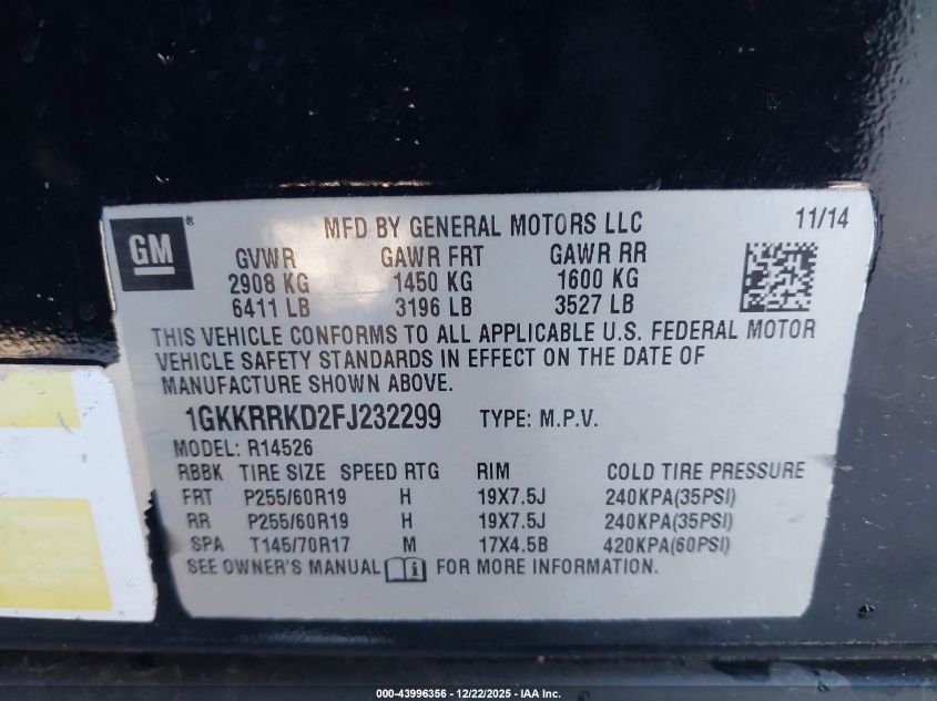 2015 GMC Acadia Slt-1 VIN: 1GKKRRKD2FJ232299 Lot: 43996356